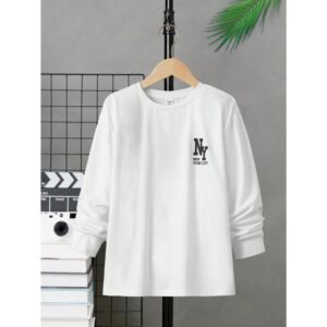 Tween Boy Casual And Comfortable Round Neck Letter Print White Long Sleeve