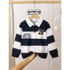 Young Boys' Casual Sporty College Wide Striped Polo Shirt With Badge & Number Print