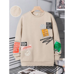 Teen Boy Casual English Logo Print Thermal Lined Crew Neck Sweatshirt, Beige, Suitable For Autumn, Winter, Warm, School, Home, Daily, Sports, Birthday Party, Outgoing, All-Match & Simple