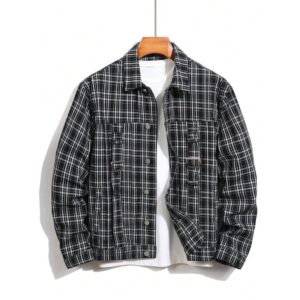 Front Button Long Sleeve Pocket Plaid Casual Denim Jacket