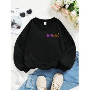 Tween Girl Cartoon Bowknot Slogan Print Sweatshirt Crewneck Sweatshirt For Girl Casual Comfy Fall Fashion Outfits Clothes