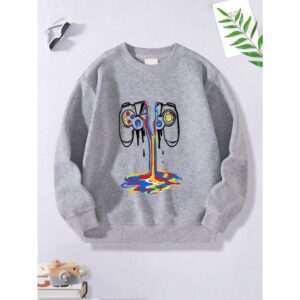 Young Boys Casual Gaming Device Graphic Print Long Sleeve Round Neck Sweatshirt With Warm Thermal Lined