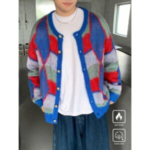 Claim Dot Men's Autumn/Winter Geometric Pattern Drop Shoulder Long Sleeve Single-Breasted Casual Cardigan
