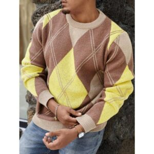 Casual Colorblock Diamond Fashion Checkered Pattern Graphic Knit Long Sleeve Pullover Sweater