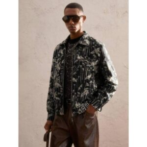Business Casual Men's Black Floral Jacquard Weave Slim Fit Casual Turndown Collar Zip-Up Short Jacket