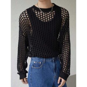 Men Breathable Perforated Oversized Cover Up, Loose Casual Unisex Korean Style Round Neck Knitted Sweater With Long Sleeves
