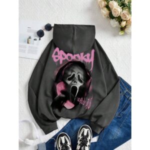 Halloween Pumpkin Face Pattern, Dark Grey, Tween Girls Casual Loose Comfortable Long Sleeve Hoodie Sweatshirt