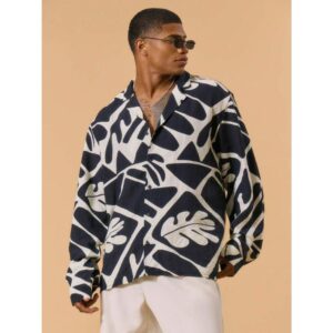 Long Sleeve Abstract Print Button Through Shirt Slim Fit Lapel Collar Autumn Layering