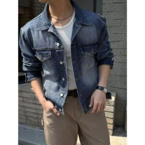 Men's Blue Washed Distressed Denim Jacket, Suitable For Spring Autumn