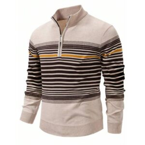 Autumn Striped Zip Placket Ribbed Knit Men Striped Pullover Quarter Zip Sweater