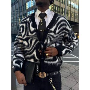 Men's Vintage Loose Zebra Pattern Fuzzy Knit Cardigan Sweater