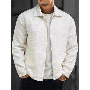 Solid Color Long Sleeve Zipper Placket Casual Overcoat, White Spring Casual Light Weight Overcoat, Old Money