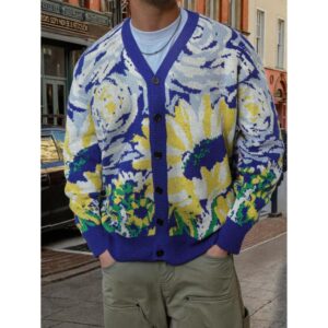 Unisex Casual Commuter Style Abstract Painting Pattern Knitted Cardigan, Spring/Autumn/Winter