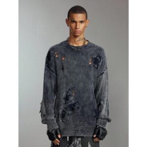 Grunge Punk Men's Distressed Ripped Long Sleeve Sweater