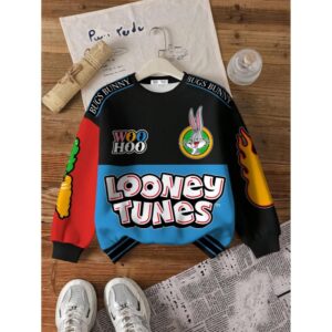 LOONEY TUNES Tween Boy Casual Fashion Street Cartoon Letter Patchwork Print Dropped Shoulder Loose Fleece Pullover Sweatshirt, Autumn/Winter