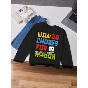 Tween Boy Casual Minimalist "Will Do Chores For Robux" Slogan Crew Neck T-Shirt