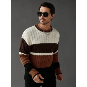 Fashionable Blogger-Inspired Color block Crew Neck Cable Knit Sweater For Men, Autumn/Winter